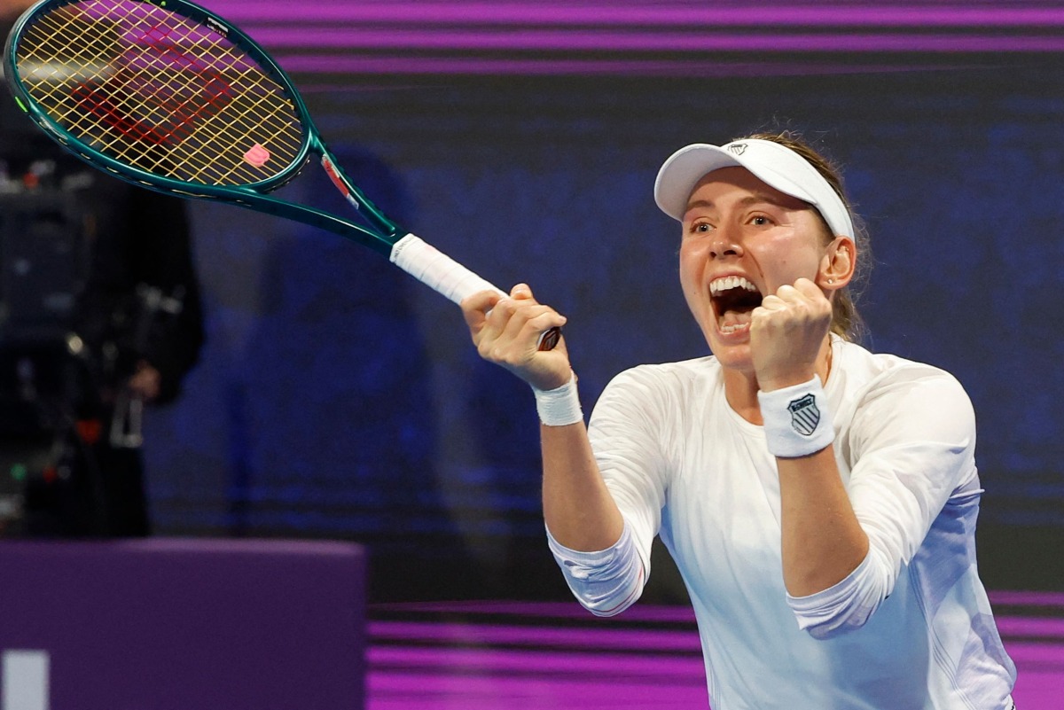 Russia’s Ekaterina Alexandrova celebrates after defeating Belarusia’s Aryna Sabalenka. AFP