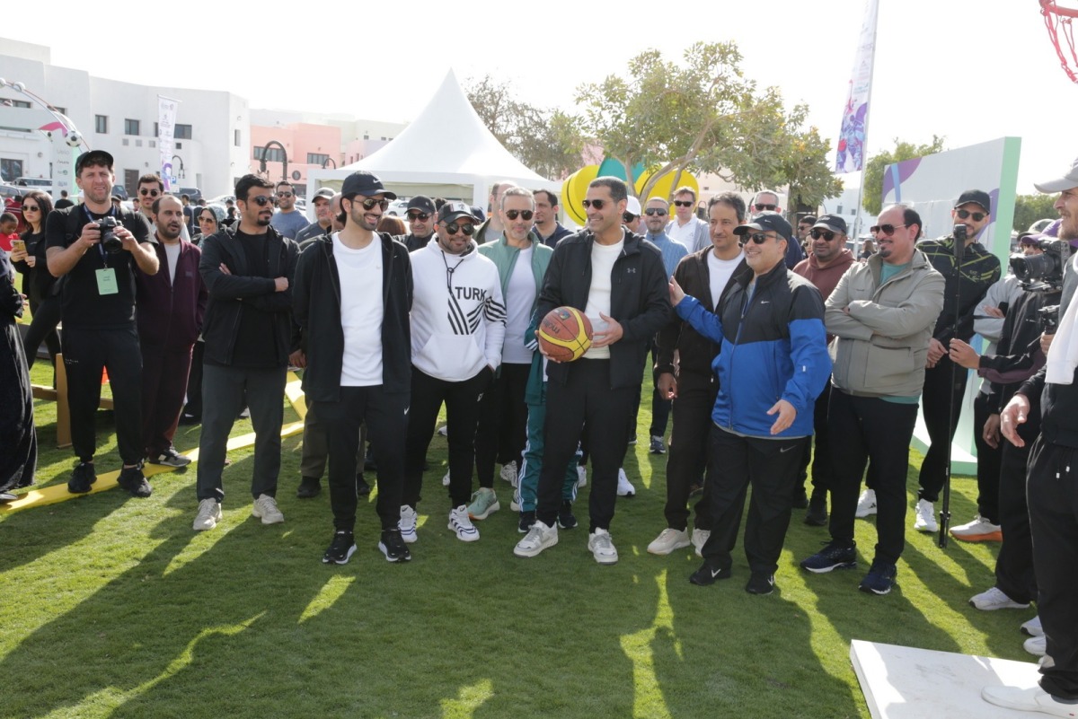 Minister of Environment and Climate Change H E Dr Abdullah bin Abdulaziz bin Turki Al Subaie and Minister of Transport H E Sheikh Mohammed bin Abdulla bin Mohammed Al Thani with senior officials  and guests taking part in National Sport Day activities.