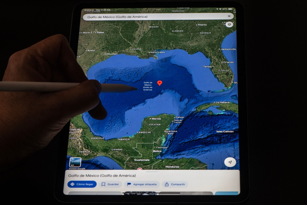 This photo illustration shows the Gulf of Mexico branded as Gulf of America displayed on the Google Maps application on a tablet on February 11, 2025, in Bogota, Colombia. (Photo by Luis Acosta / AFP)
 