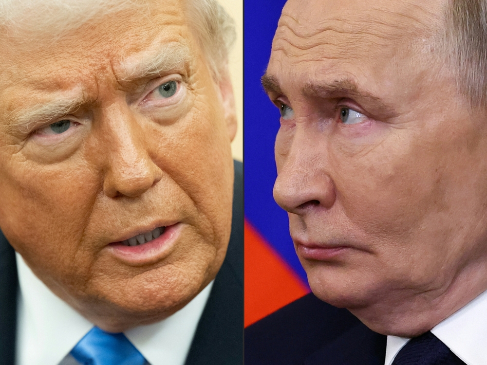 This combination of pictures created on February 12, 2025 shows US President Donald Trump in Washington, DC, on February 11, 2025 and Russian President Vladimir Putin in Moscow on January 17, 2025. (Photo by Saul Loeb and Evgenia Novozhenina / AFP)
