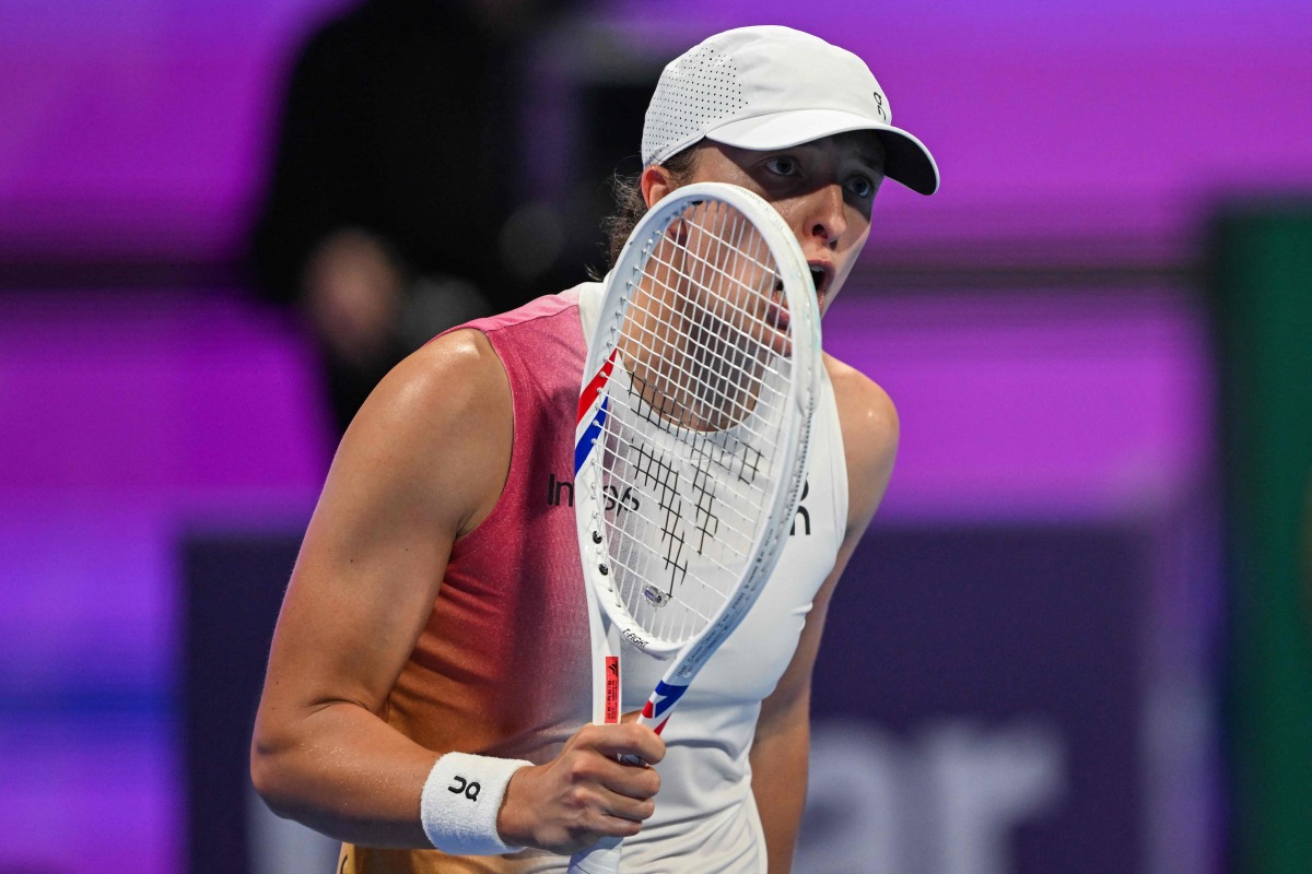 Iga Swiatek reacts during the match against Linda Noskova. AFP