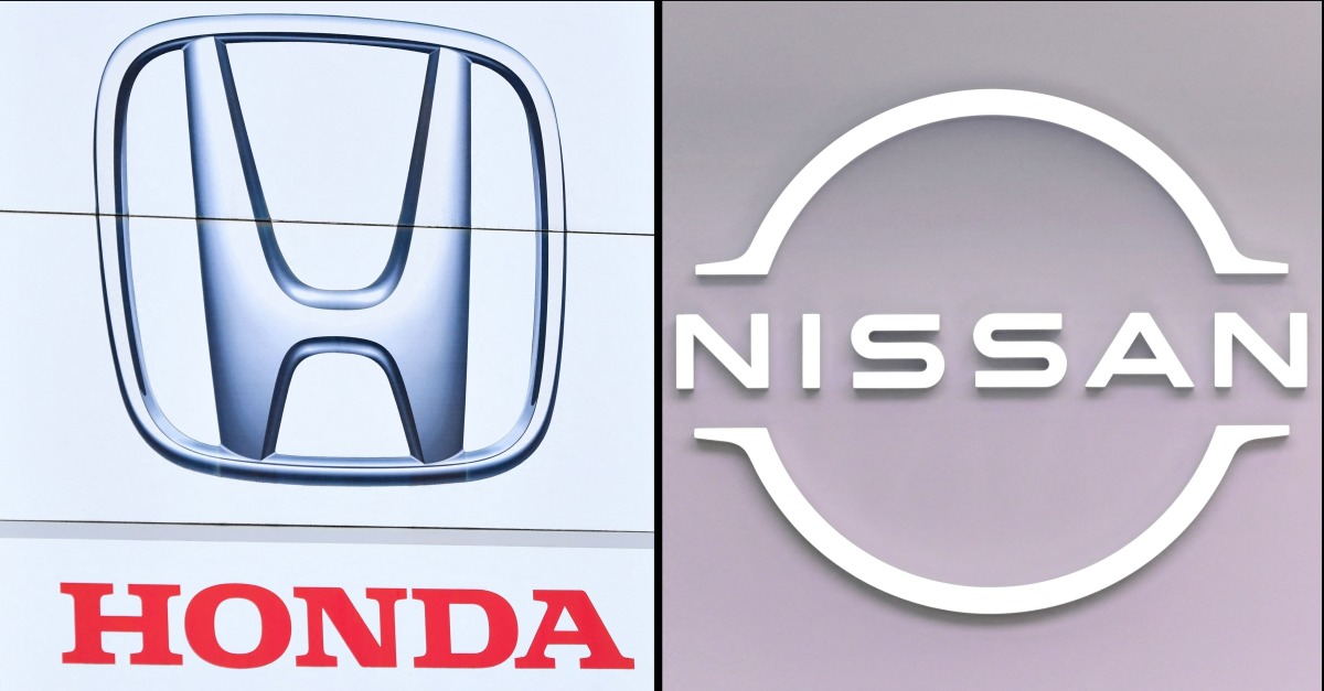 This combination of pictures created on February 13, 2025 shows the logo of Honda Motor (L) taken on February 6, 2025 at the company's showroom in Tokyo and the logo of Nissan Motor (R) being displayed at the company's showroom in Tokyo on February 13, 2025. Photo by Kazuhiro NOGI / AFP