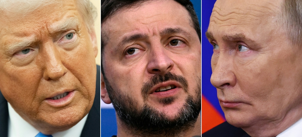 This combination of pictures created on February 12, 2025 shows US President Donald Trump in Washington, DC, on February 11, 2025, Ukraine's President Volodymyr Zelensky in Brussels on December 19, 2024, and Russian President Vladimir Putin in Moscow on January 17, 2025. (Photo by various sources / AFP)
