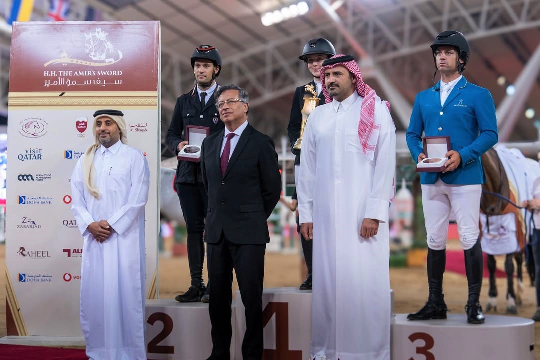 President of the Republic of Colombia HE Gustavo Petro (center-front) crowned the winners in the five-star category round of HH the Amir's Sword International Equestrian Festival.