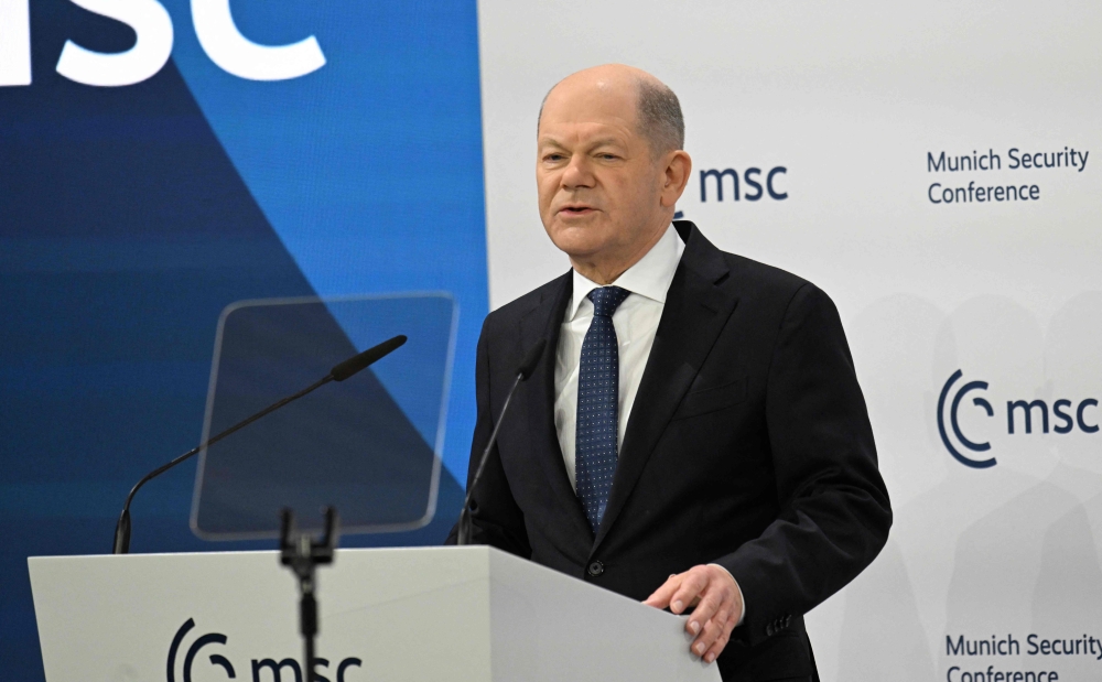 German Chancellor Olaf Scholz gives a speech during the 61st Munich Security Conference (MSC) in Munich, southern Germany on February 15, 2025. (Photo by Thomas Kienzle / AFP)