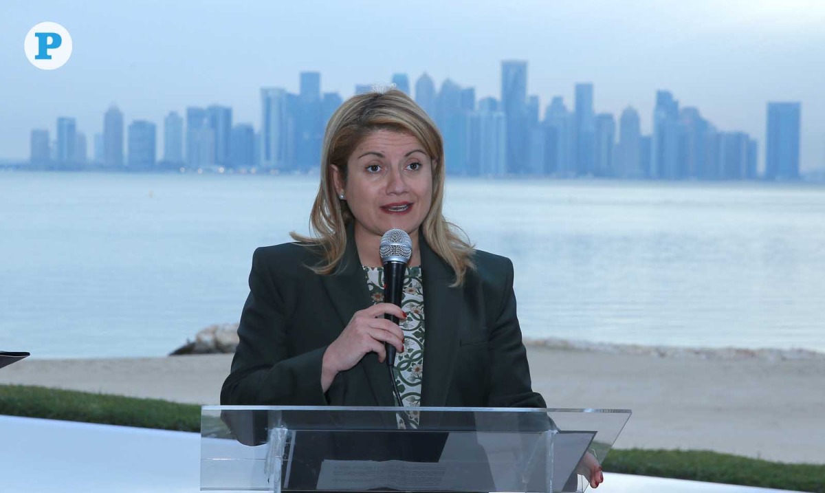 Undersecretary of State for Foreign Affairs and International Cooperation of Italy H E Maria Tripodi addressing the reception. Pic: Rajan Vadakkemuriyil/The Peninsula