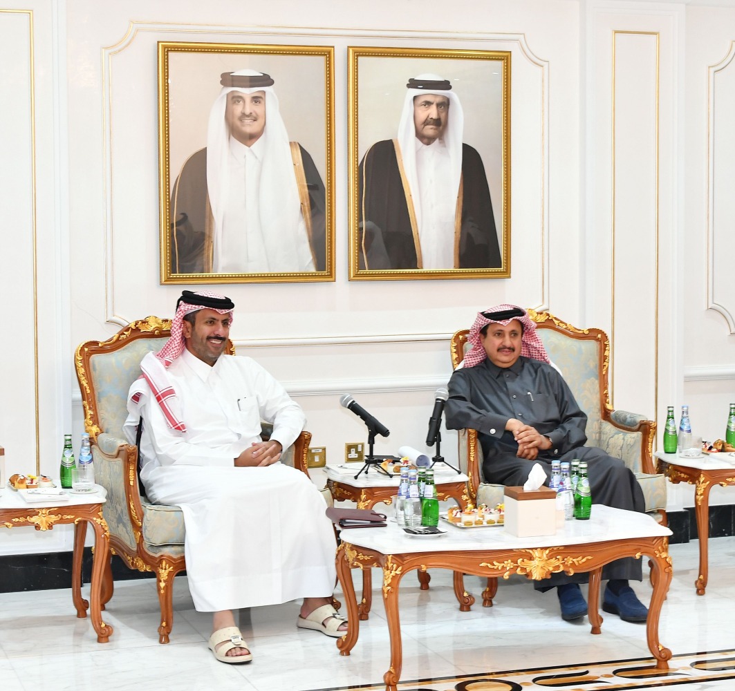 Minister of Commerce and Industry H E Sheikh Faisal bin Thani bin Faisal Al Thani and QC Chairman Sheikh Khalifa bin Jassim Al Thani during the meeting.