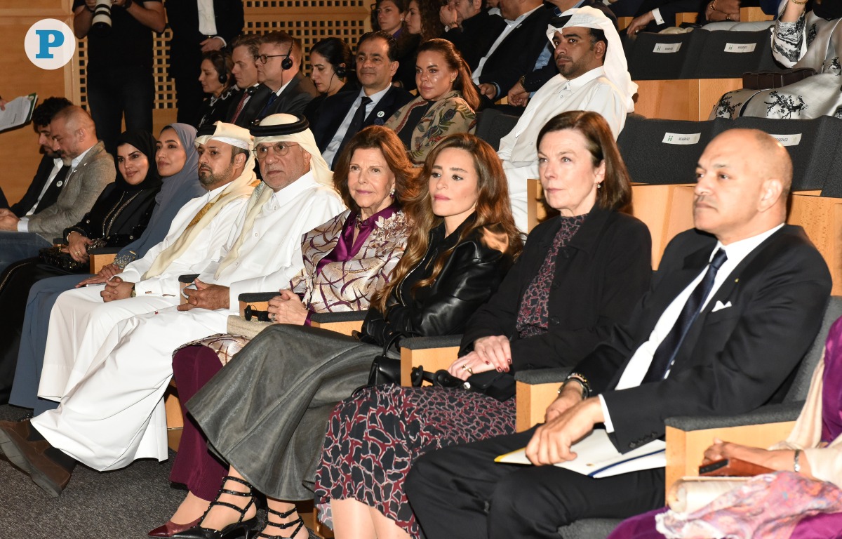 HM Queen Silvia of Sweden, President of Mentor International (fourth right); Swedish Ambassador to Qatar H E Gautam Bhattacharyya (first right); Qatar Ambassador to Sweden H E Nadya Ahmad Al Shaibi (eighth right); CEO of Qatar Museums Mohammed Saad Al Rumaihi (sixth right) and other dignitaries during the Mentor Arabia’s 5th Youth Empowerment Film and Song Competition Award Ceremony held in Doha yesterday. Pic: Salim Matramkot/The Peninsula  