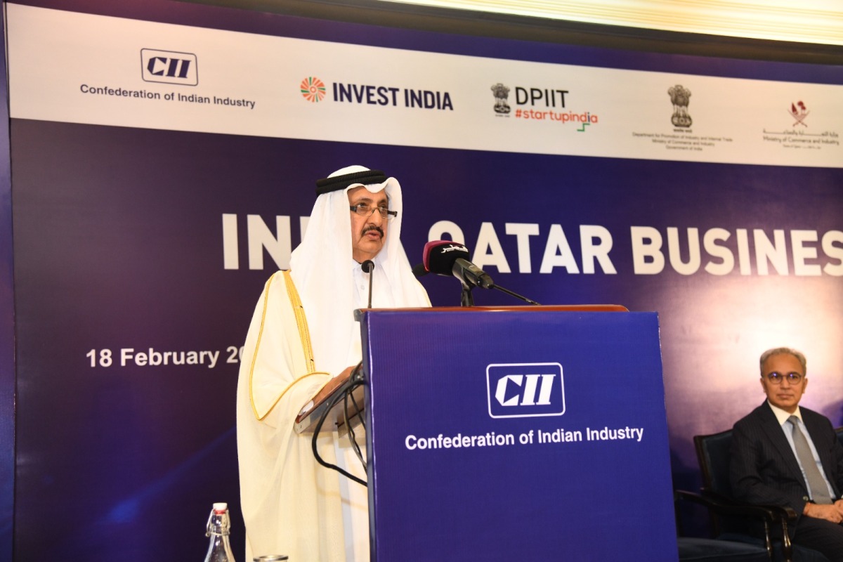 Chairman of Qatar Chamber Sheikh Khalifa bin Jassim bin Mohamed Al Thani addressing the Qatar-India Business Meeting held in New Delhi, India. 