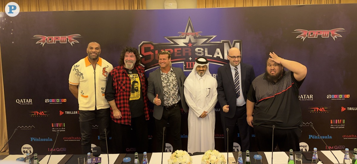 Super Slam III professional wrestling superstars lining up for a group photo at the end of a press conference held on February 19, 2025. (LEFT TO RIGHT) Maharaja, Mike Foley, Nic Nemeth, QPW Chairman Ali Ahmad Al Marafi, QPW board member Bilal Taha, and Fallah Bah. Photo by Oussama Abbassi / The Peninsula.