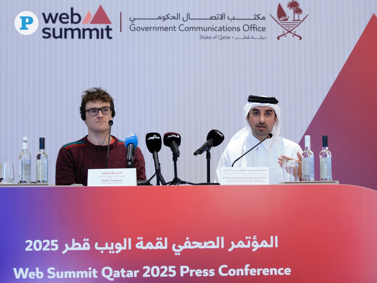 H E Sheikh Jassim bin Mansour bin Jabor Al Thani Director of the Government Communications Office and Chairman of the Permanent Web Summit Organising Committee; and Paddy Cosgrave, Founder and CEO of Web Summit addressing the press conference yesterday. PIC: Rajan Vadakkemuriyil/The Peninsula