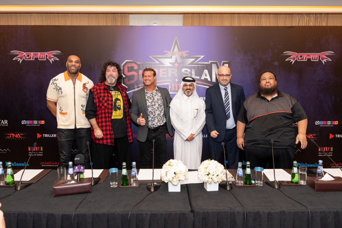 From left: The Maharaja (Jinder Mahal), Mick Foley, Nick Nemeth (Dolph Ziggler), Chairman and Founder of QPW Ali Marafi, Co-founder and Board Member of QPW Bilal Taha, and Fallah Bahh at the press conference yesterday.