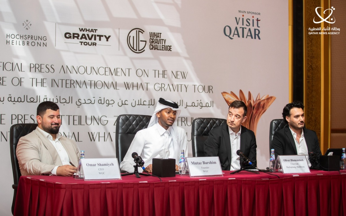 Qatar’s high jumper and What Gravity Challenge Tour founder Mutaz Barshim speaks during the during 2025 Gravity Challenge Tour launch in Doha. What Gravity Challenge CEO Omar Shamiyeh (left), Hochsprung, Heilbronn Chairman Oliver Blumenstock and Heilbronn City representative Altin Zhegrova (right) are also present.
