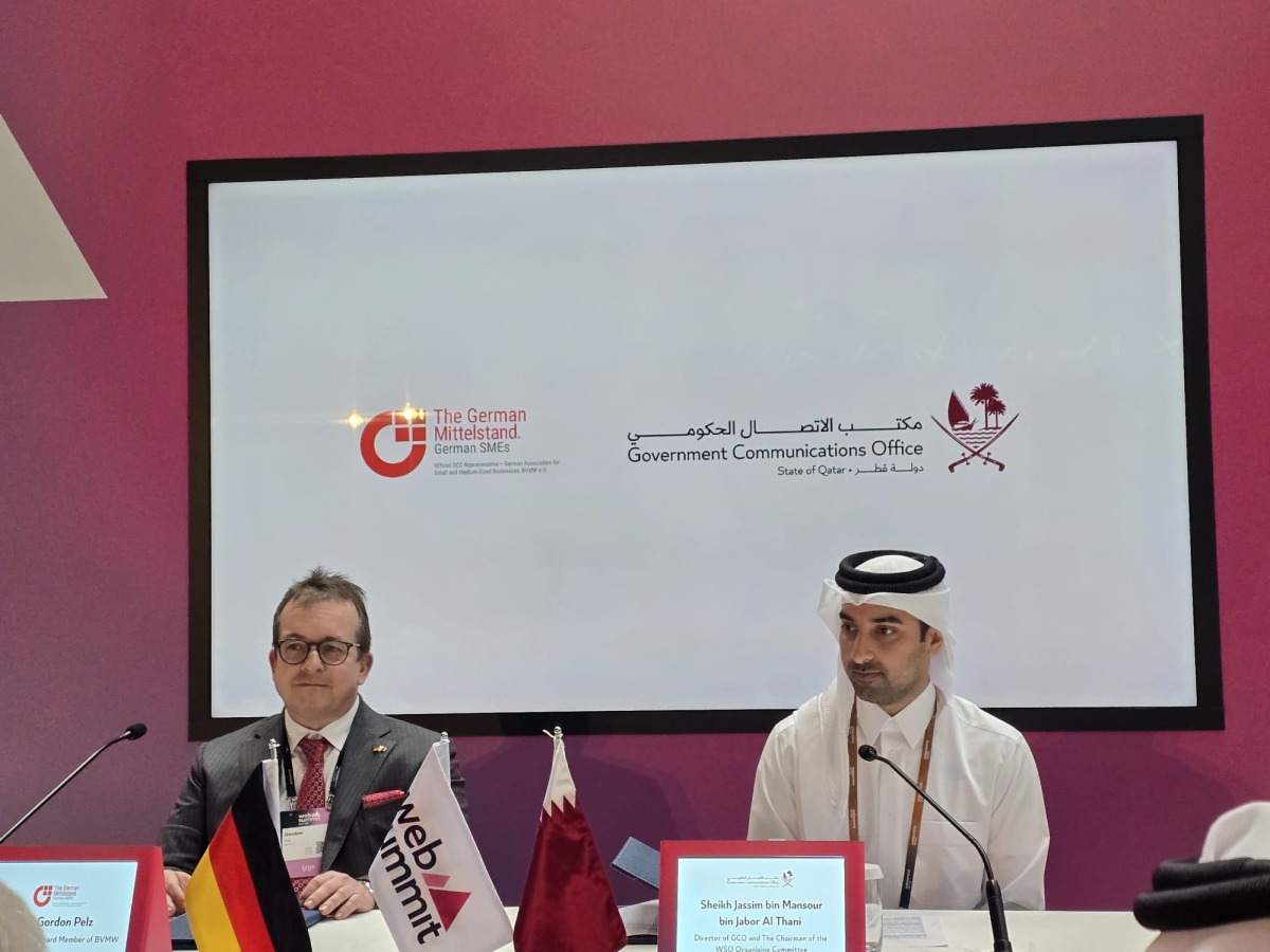 GCO Director and Chairman of the Permanent Web Summit Organising Committee H E Sheikh Jassim bin Mansour bin Jabor Al Thani and Vice Chairman and Board Member of the German Mittelstand Gordon Pelz during the signing of the agreement.