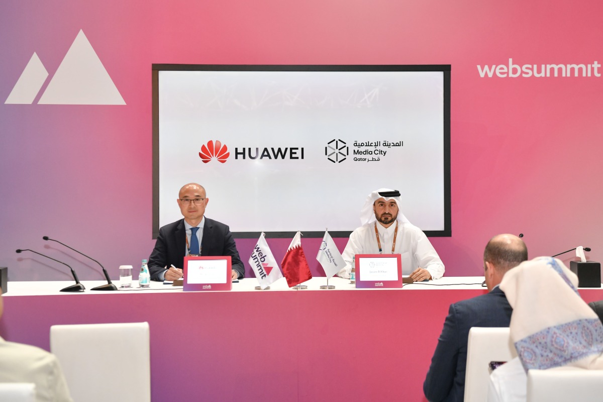 CEO of Media City Qatar, Eng. Jassim Mohamed Al Khori and President of Huawei Gulf North Region, Rico Lin, at the MoU signing at Web Summit Qatar yesterday. 