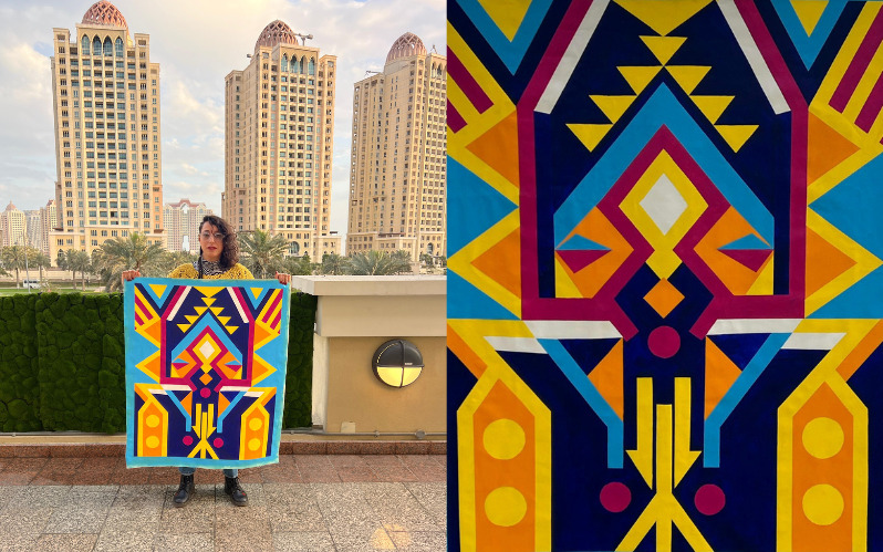 Moroccan artist Aicha Abouhaj with her 'Hikayat' artwork