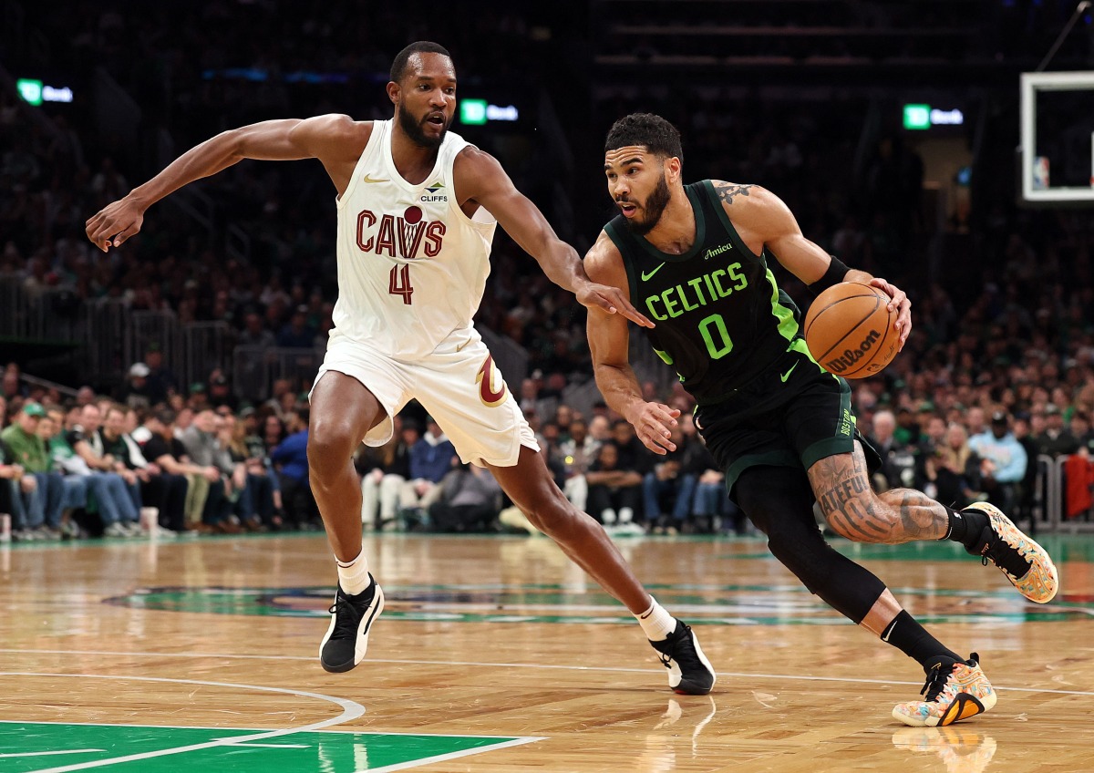 Jayson Tatum #0 of the Boston Celtics drives past Evan Mobley #4 of the Cleveland Cavaliers during the first quarter at TD Garden on February 28, 2025 in Boston, Massachusetts. (Photo by Maddie Meyer / GETTY IMAGES NORTH AMERICA / Getty Images via AFP)
