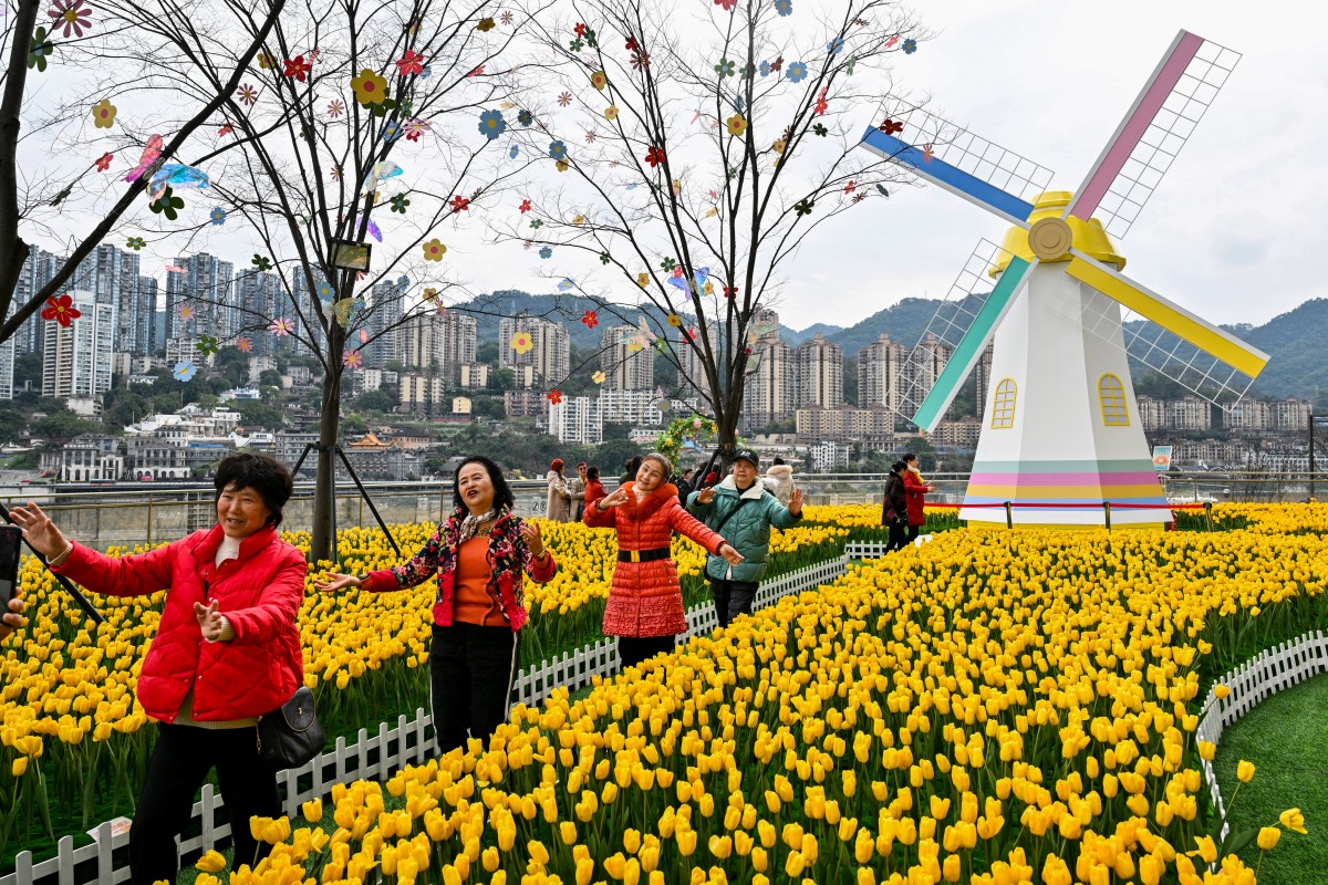 Women dance for a video next to flowers and a windmill by Jialing river in Yuzhong District in Chongqing in southwestern China on March 6, 2025. (Photo by Hector RETAMAL / AFP)