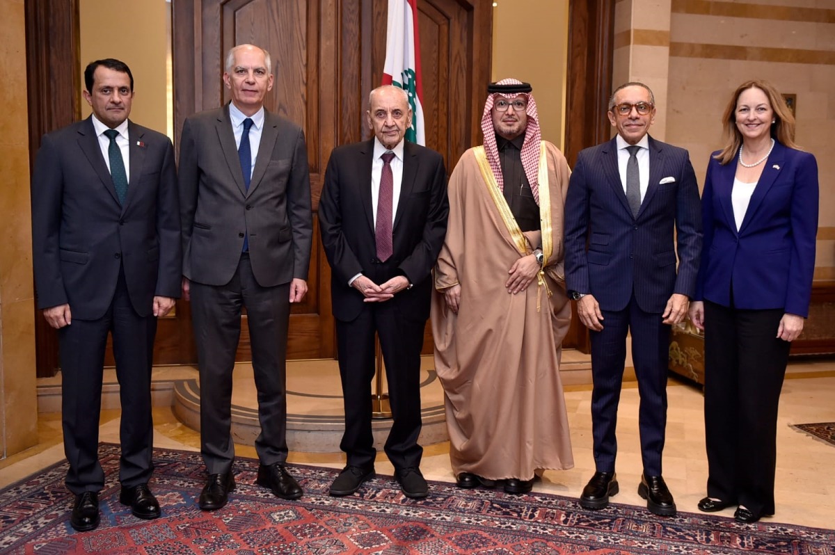 Lebanese Parliament Speaker H E Nabih Berri (third left) with Ambassadors of Qatar, Saudi Arabia, Egypt, United States, and France.