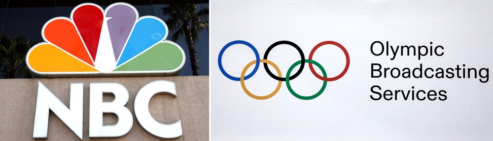 This combination of file photographs created on March 13, 2025, shows the logo of the NBC Television displayed in front of the Channel building in Burbank, California on October 11, 2006 and a view of the Olympic rings logo displayed at the International Broadcast centre located at Le Bourget, on the outskirts of Paris on July 1, 2024. (Photo by Gabriel Bouys and Stéphane De Sakutin / AFP)
