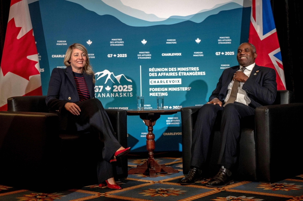 British Secretary of State for Foreign, Commonwealth and Development Rt Hon David Lammy and Minister of Foreign Affairs of Canada Melanie Joly meet for a bilateral meeting at the G7 Foreign Ministers Meeting at the Fairmont Manoir Richelieu on March 13, 2025 in La Malbaie, Canada.  (Photo by Andrej Ivanov/Getty Images/AFP)