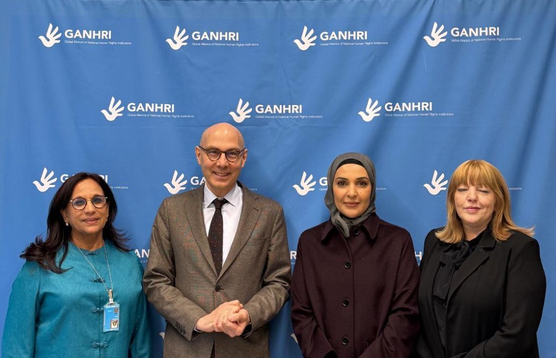 Chairperson of the Global Alliance of National Human Rights Institutions H E Maryam bint Abdullah Al Attiyah and United Nations High Commissioner for Human Rights H E Volker Türk with other officials during a meeting in Geneva.